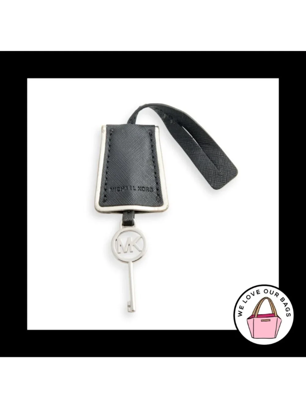 MICHAEL KORS CLOCHETTE Silver Key Black Leather Bag Charm Hang Tag Keychain Fob